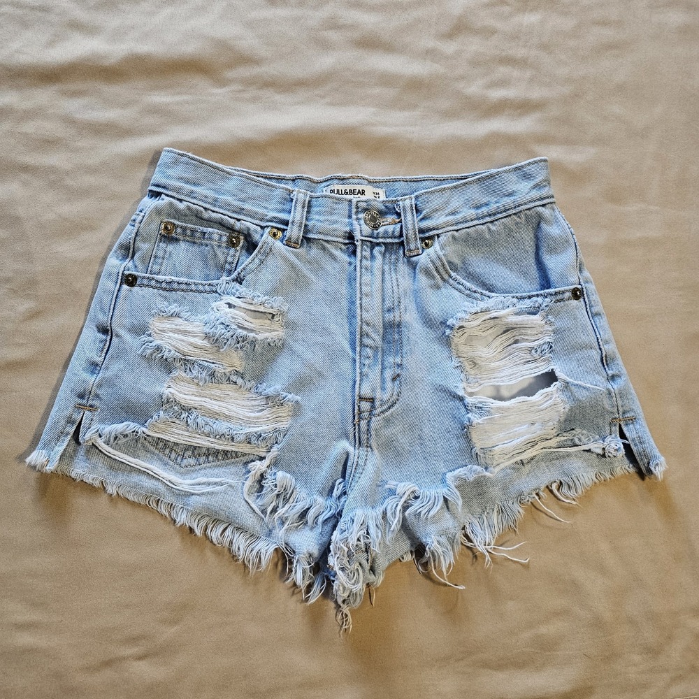 Pull & Bear Womens High Rise Distressed Button Fly Cuffed Cut Off Jean Shorts 2